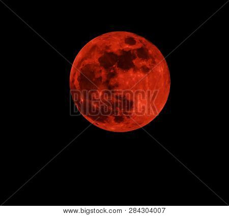 Red Moon Real / Full Blood Moon On Black Sky Dark Background - Selective Focus