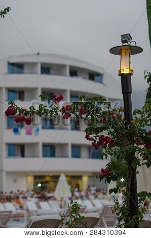 Burning Lantern Wrapped With Flowers In Front Of The Hotel