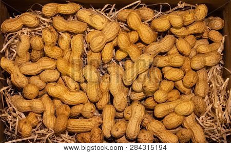Delicious Peanuts In The Wooden Box, Pile Of Nuts, Harvest Still Life