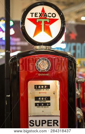Parma, Italy - March 2018: Texaco Vintage Red And Brilliant Gasoline Pump.