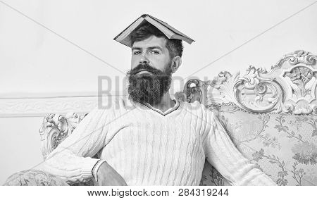 Overwork Concept. Macho Sits With Open Book On Head, Like Roof. Guy, Teacher Overdid With Teaching, 