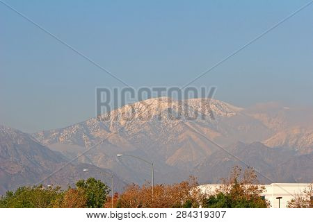Snow Covering Mount San Antonio In Winter From Montclair In Greater Los Angeles, California, Usa.