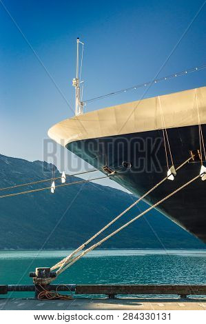 Bow, Rat Guards And Mooring Lines Of Berthed Cruise Ship, , Alaska, Usa.