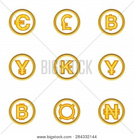 Money Of Countries Icon Set. Cartoon Style Set Of 9 Money Of Countries Icons For Web Isolated On Whi