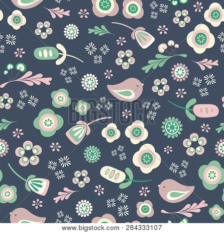 Vector Bird And Floral Seamless Repeat Pattern Background.