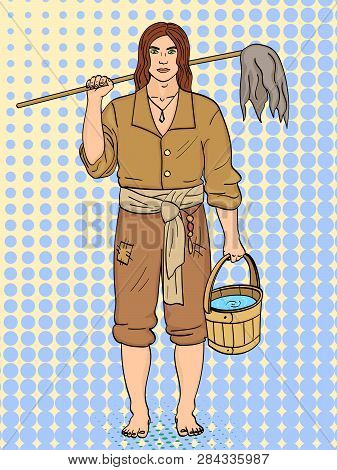 A Man Is A Pirate, A Cabin Boy Or Ships Boy. Raster, Pop Art Background. Imitation Comic Style.