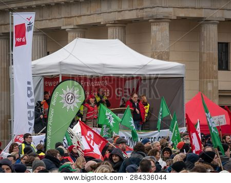 Berlin, Germany - February 13, 2019: Demonstration Of German Trade Unions Verdi, Gew, Gdp At Branden