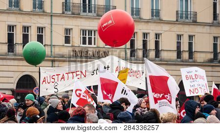 Berlin, Germany - February 13, 2019: Demonstration Of German Trade Unions Verdi, Gew, Gdp At Branden