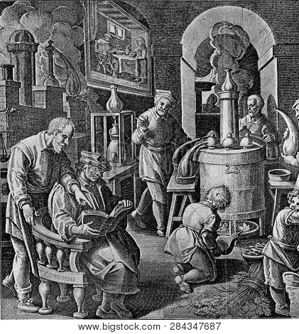 A distillery in the sixteenth century, vintage engraved illustration. From the Universe and Humanity, 1910.