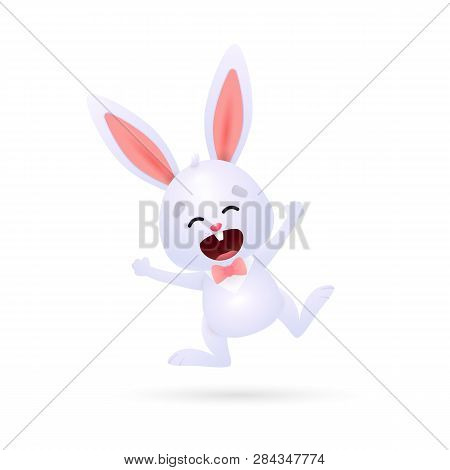 Happy Jumping Easter Bunny. Positive Little Rabbit Shouting And Raising Arms. Can Be Used For Topics