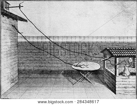 Galvani's experiments on frog legs, vintage engraved illustration. From the Universe and Humanity, 1910.