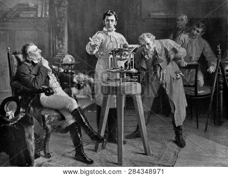 Joseph Fraunhofer presents his spectrometer, vintage engraved illustration. From the Universe and Humanity, 1910.