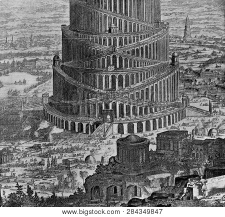 Construction of the tower of Babel, vintage engraved illustration. From the Universe and Humanity, 1910.