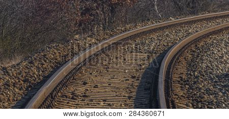Orange Railway Near Luznice Station In Sunny Hot Winter Day