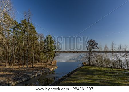 Nice Sunny Winter Cold Day Near Rozmberk Pond In South Bohemia