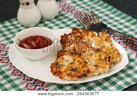 Homemade Chicken Patties. Chicken Fillet Is Fried And Served With Tomato Sauce