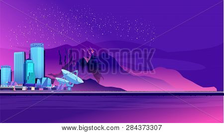 Vector Horizontal Illustration, Coastal City, Resort On The Background Of Mountains And Night Sky, C