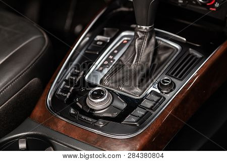 Novosibirsk, Russia - February 15, 2019:  Audi Q5,close-up Of The Accelerator Handle And Buttons. Ph