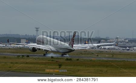 Frankfurt Am Main, Germany - July 21, 2017: Side View Of Airbus A350-941 A7-alf Of Qatar Airways App