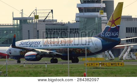 Dusseldorf, Germany - July 21, 2017: Rear View Of Boeing 737-8hx Of Sunexpress (el Gouna Shuttle Liv