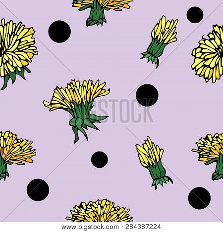 Seamless Pattern With Yellow Dandelion Flowers And Black Dots. Bright And Spring