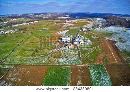 Aerial View Of Amish Farmland In Pennsylvania