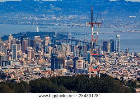 Aerial View Of Downtown San Francisco And Financial District Skyline With Sutro Tower In The Foregro
