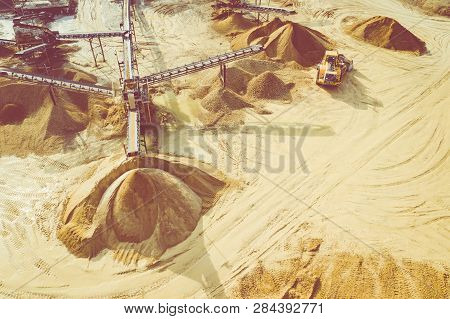 Aerial View Of Sandpit And Factory Plant Producing Sand Materials For Construction Industry. Top Vie