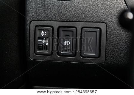 Novosibirsk, Russia - February 15, 2019: Suzuki Grand Vitara,close-up Of The Headlight Adjustment Bu