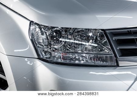 Novosibirsk, Russia - February 15, 2019: Suzuki Grand Vitara,close-up Of The Headlights. Photography