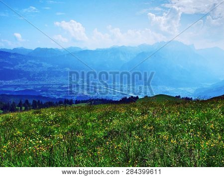 View Of The River Rhine Valley (rheintal) From The Gonzen Mountain - Canton Of St. Gallen, Switzerla