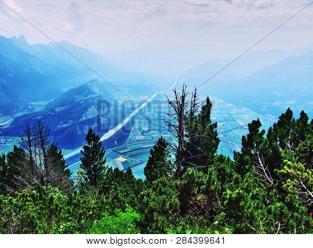 View Of The River Rhine Valley (rheintal) From The Gonzen Mountain - Canton Of St. Gallen, Switzerla