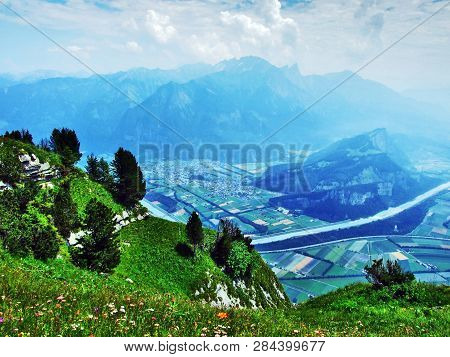 View Of The River Rhine Valley (rheintal) From The Gonzen Mountain - Canton Of St. Gallen, Switzerla