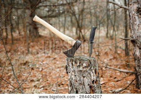 Axe And Hunting Knife Suck In The Stump In The Forest