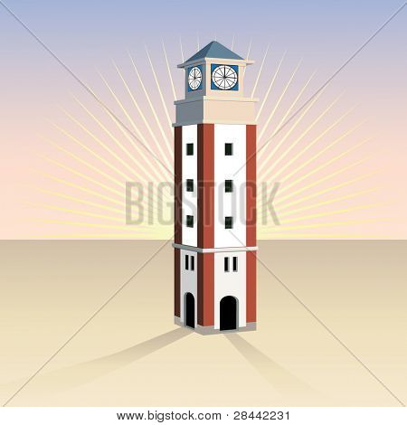 Vector yksinkertainen pieni 3D kellotorni sunrise tausta. AI10 EPS tallennettu
