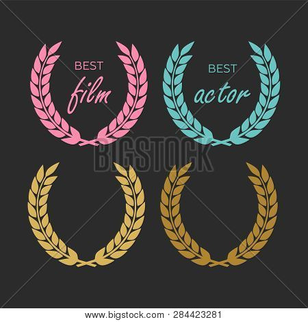 Vector Medal And Award Icons Set. Laurel Wreaths And Ribbon Rosettes Vector
