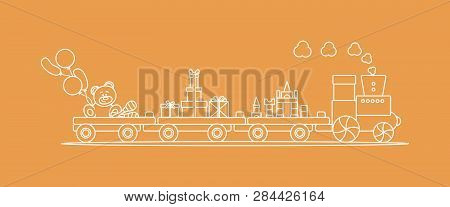 Funny Vector Illustration With Train Carries Toys: Baby Toy Musical Maracas, Designer, Bear, Gifts, 