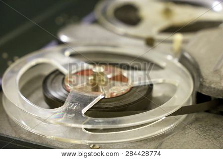 Old Portable Reel-to-reel Tape Recorder. Sound Recording, Phonogram Concept, Vintage Background