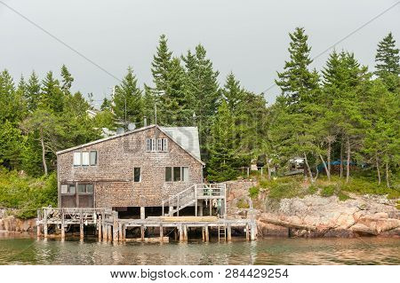 Typical New England Shingled Waterfront House On Schoodic Peninsula Near Acadia National Park, Maine