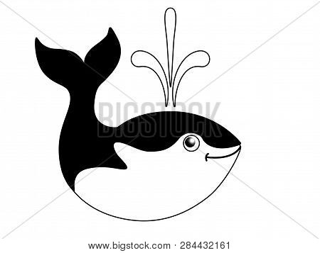 Cute Funny Whale. Black And White Image Of A Marine Mammal. Logo Or Sign Depicting A Whale From The 