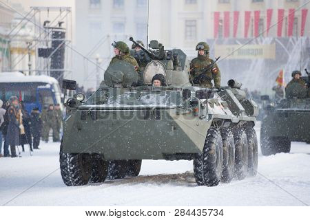 Saint Petersburg, Russia - January 24, 2019: Close-up Armored Personnel Carrier Btr-82a B. Dress Reh