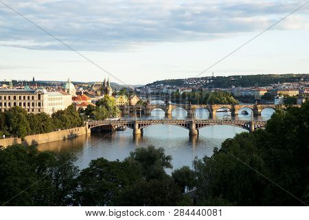 Bridges Of Prague Over Vltava River, Scenic View From Letna
