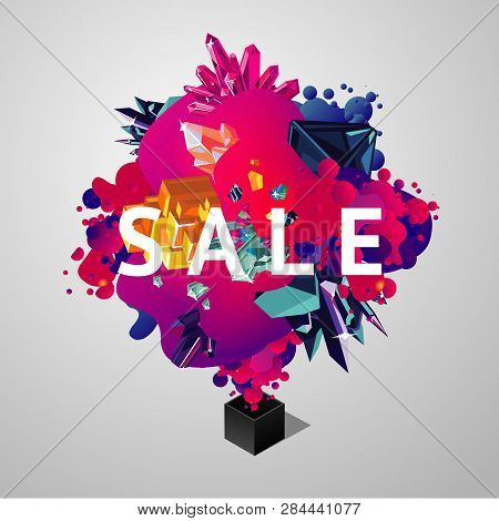 Sale Banner With Briht Spots And Crystals. Sale Sign With Trendy Geometric Shapes. Abstract 3d Vecto