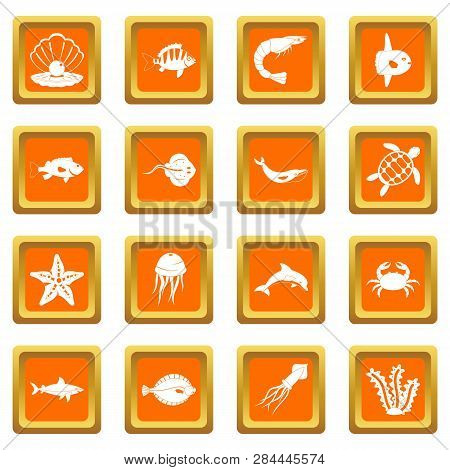 Sea Animals Icons Set In Orange Color Isolated Illustration For Web And Any Design