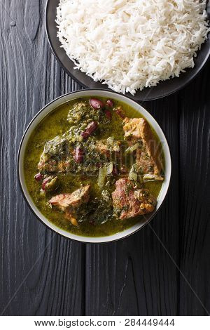 Ghormeh Sabzi Persian Herb Stew With Meat And Beans Closeup In A Bowl. Vertical Top View