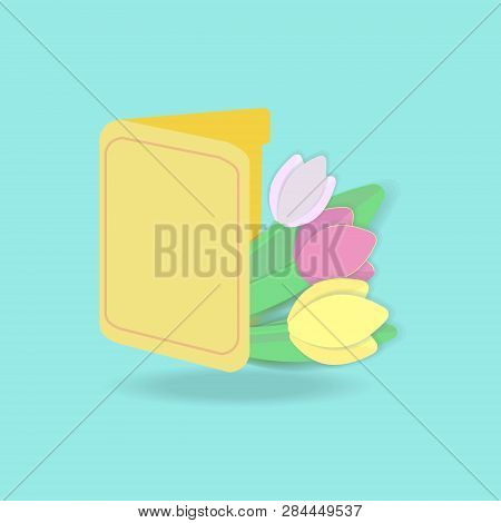 A Letter Of Congratulations. Multicolored Tulips In A Yellow Envelope Or Card On A Blue Background.