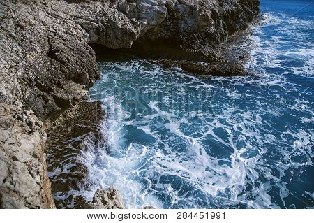 Beautiful Closeup View On A Scenery Rocks Sea Waves Of Mediterranean Sea In Cyprus Aiya Napa
