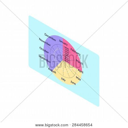 Round Calendar With Twelve Months, Diagonal Orientation Of Almanac, Print Template Menology On Blue 