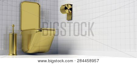 Gold Toilet Bowl And Accessories On White Tiled Wall And Floor Background, Banner. 3D Illustration.