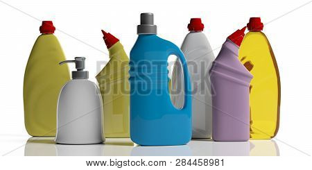 Variety Of Blank No Name Plastic Bottles With Detergents, Isolated On White Background. 3D Illustrat